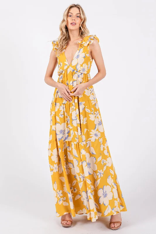 Beaded Dresses for Glamour -Yellow Floral Deep V-Neck Open Back Maxi Dress