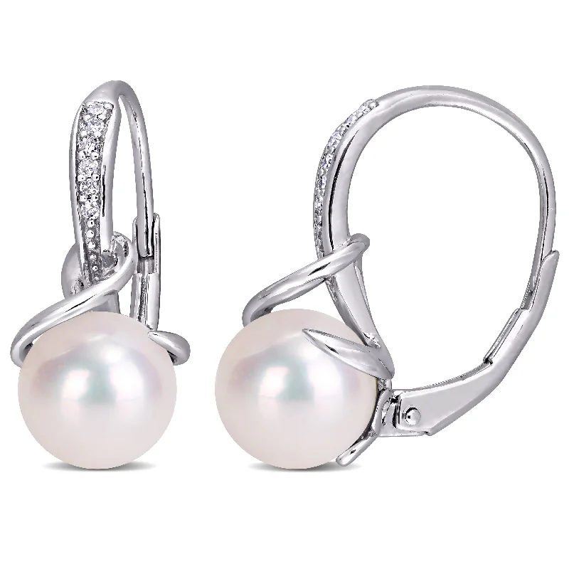 Drop Earrings for Casual Outfit -Mimi & Max 8-8.5mm White Cultured Freshwater Pearl and Diamond Twist Leverback Earrings in Sterling Silver