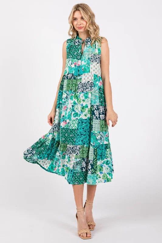 Floral Dresses for Romantic -Emerald Green Floral Paisley Tassel Tie Ruffle Hem Midi Dress