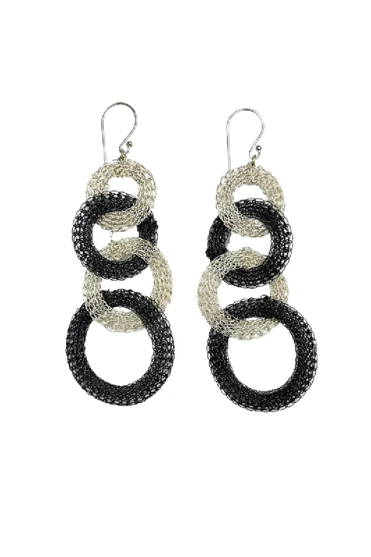 Drop Earrings for Christmas Party -Woven Mesh Silver & Oxidised Ringlet Drop Earrings