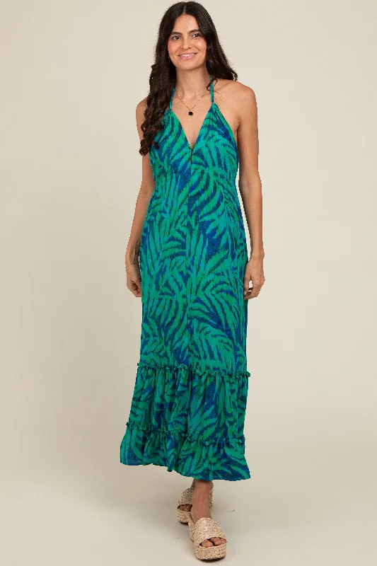 Patchwork Dresses for Bohemian -Green Leaf Print Halter Maternity Maxi Dress