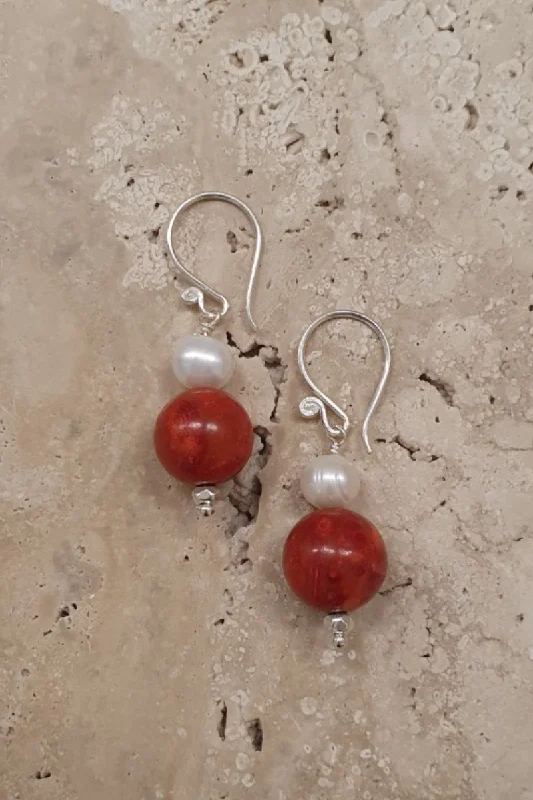 Ethnic Drop Earrings with Tribal Design -Coral And Pearl Earrings