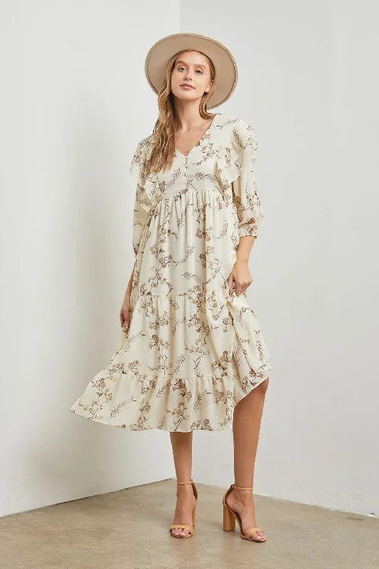 Modern Dresses for Trendy -Ivory Ruffled Long Sleeve Midi Dress