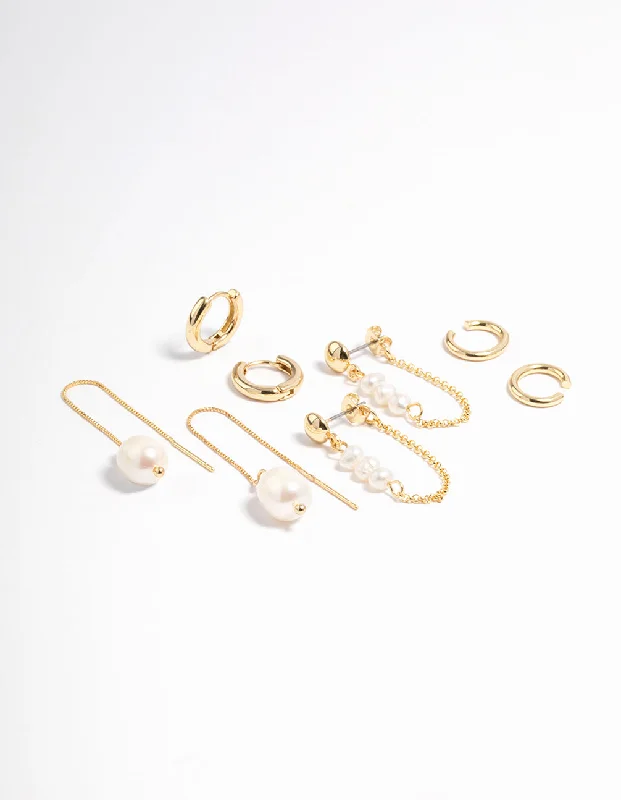 Drop Earrings with Abstract Designs -Lovisa - Gold Plated Freshwater Pearl Threader Huggie Earrings 4-Pack