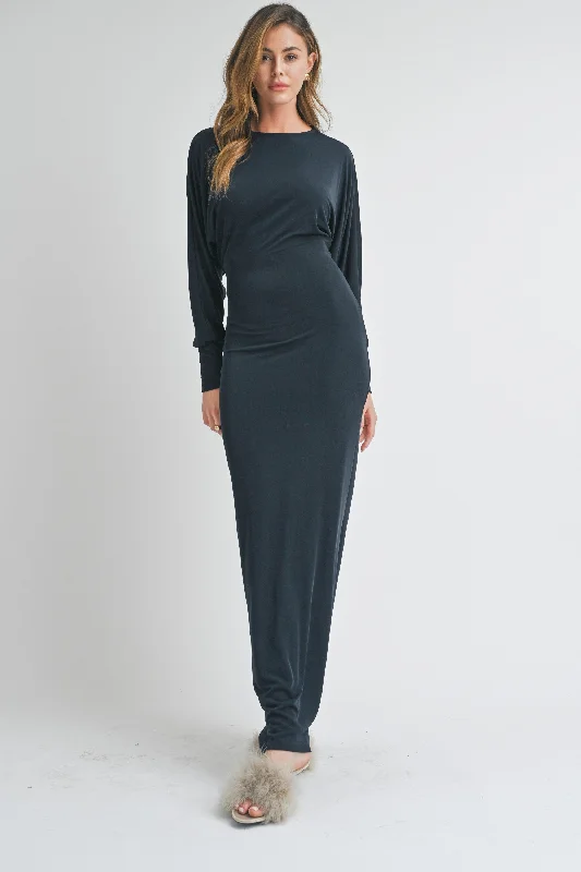 Christmas Dresses for Holiday -Navy Blue Long Sleeve Open Back Maxi Dress