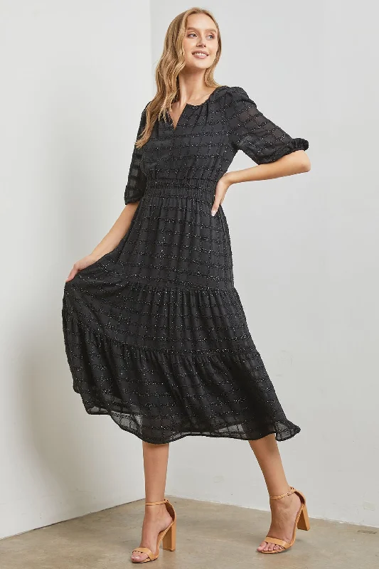 Cotton Dresses for Comfort -Black Texture Woven Glittered Maxi Dress