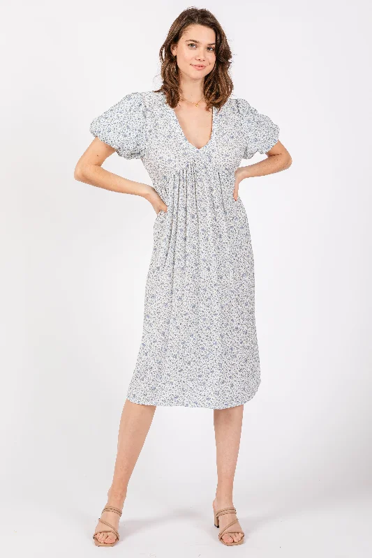 Embroidered Dresses for Detailed -Light Blue Floral Puff Sleeve Midi Dress