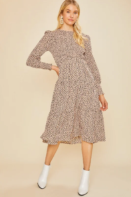 Wool Dresses for Warmth -Latte Leopard Printed Smocking Bodice Tiered Midi Dress