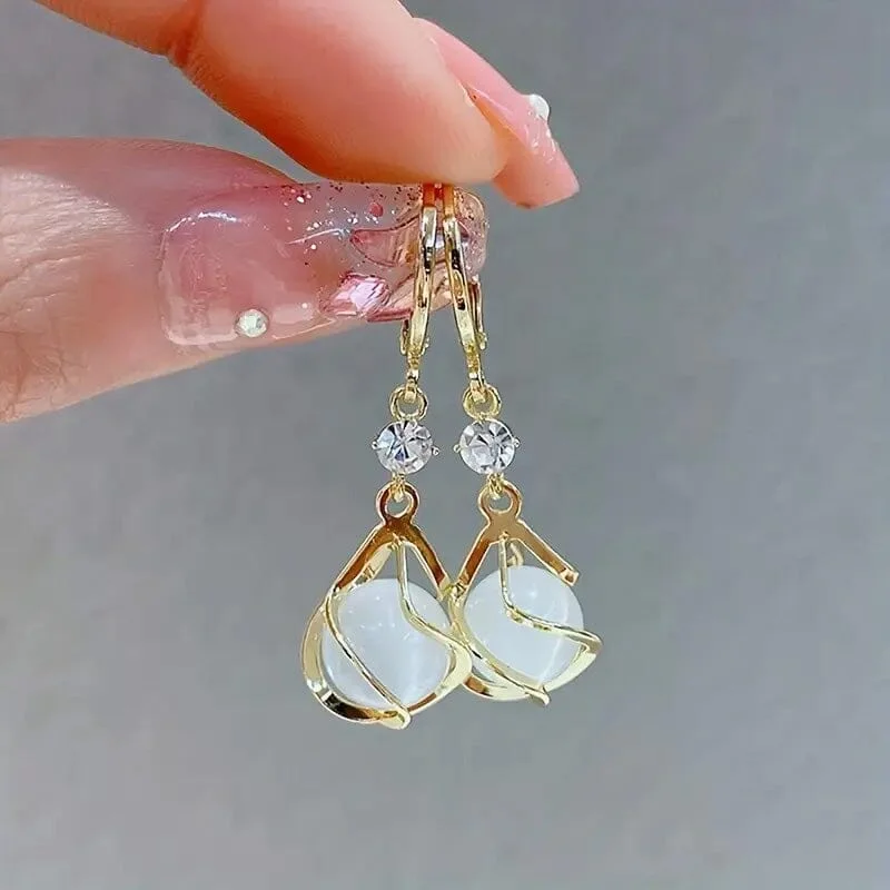 Drop Earrings with Floral Motifs -Moonstone Bead Shiny Rhinestone Dangle Earrings