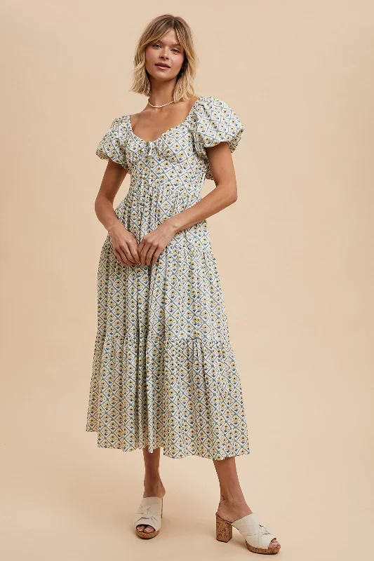 Celtic Dresses with Knotwork -Mint Daffodil Cotton Floral Sweetheart Maxi Dress