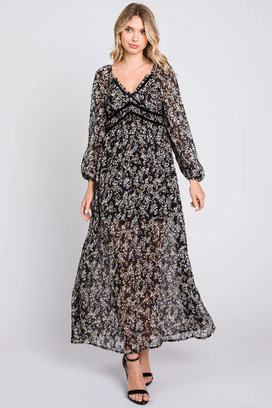 Animal Print Dresses for Fun -Black Floral Chiffon V-Neck Velvet Trim Maxi Dress