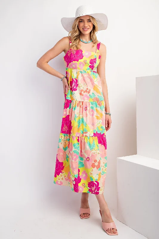 Wool Dresses for Warmth -Lime Multi-Color Floral Tiered Cutout Back Dress