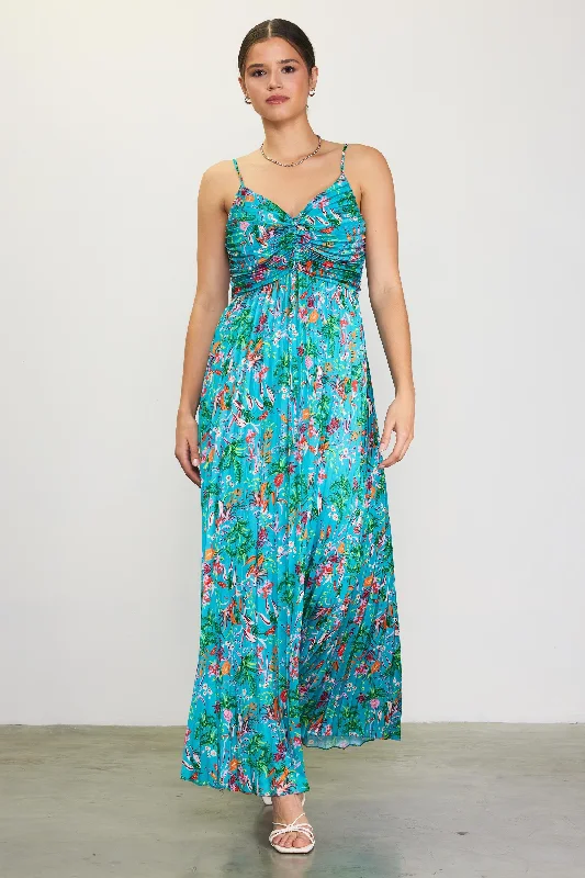 Halter Dresses for Chic Style -Teal Floral Pleated Ruched Front Midi Dress