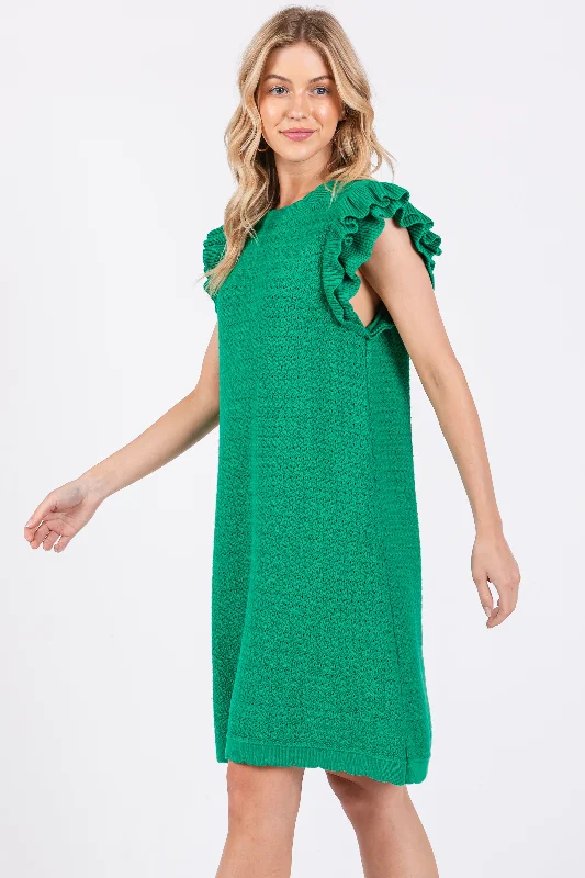 Wool Dresses for Warmth -Green Knit Ruffle Sleeve Sweater Dress