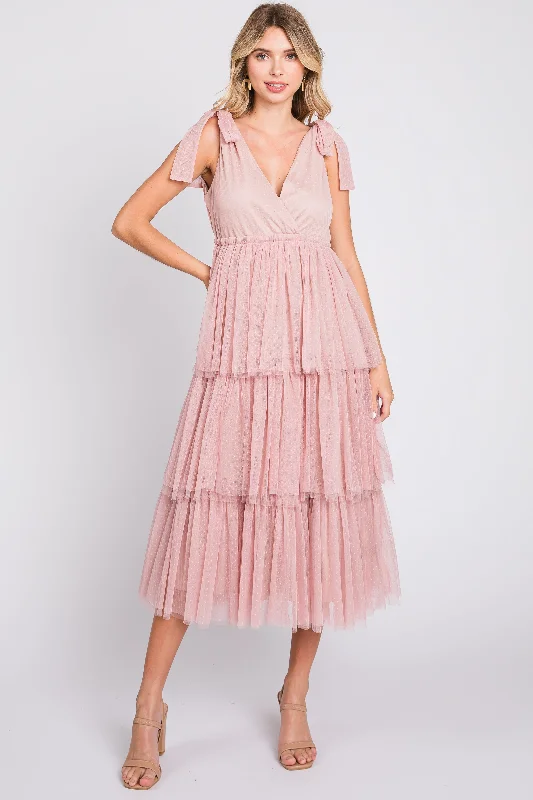 Halter Dresses for Chic Style -Pink Sleeveless Tiered Tie Strap Tulle Midi Dress