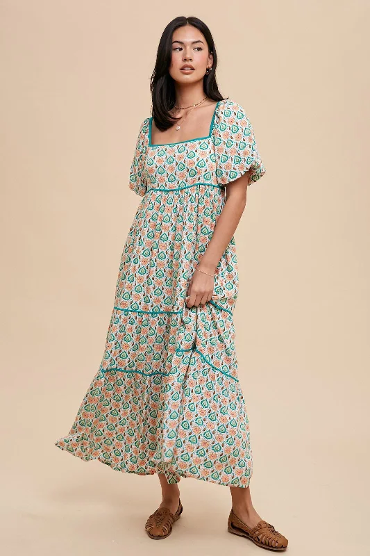 Wrap Dresses for Adjustable -Green Floral Print Puff Sleeve Maxi Dress