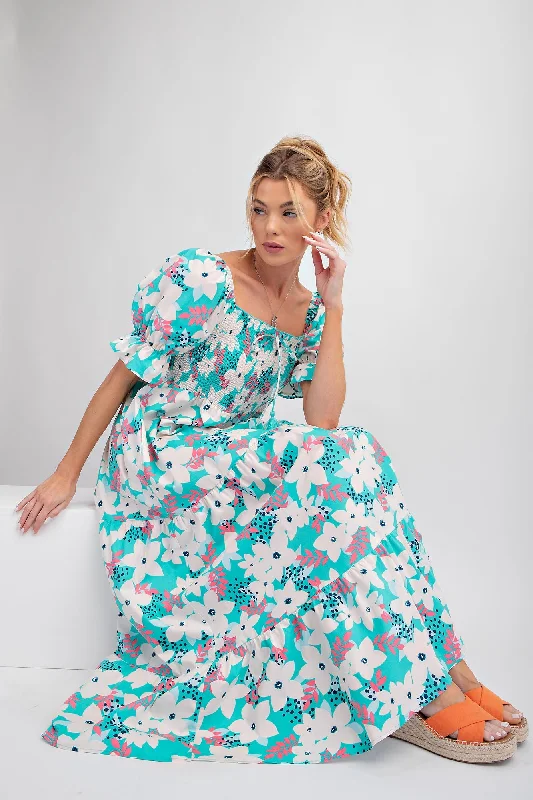 Geometric Dresses for Modern -Aqua Floral Puff Sleeve Maxi Dress