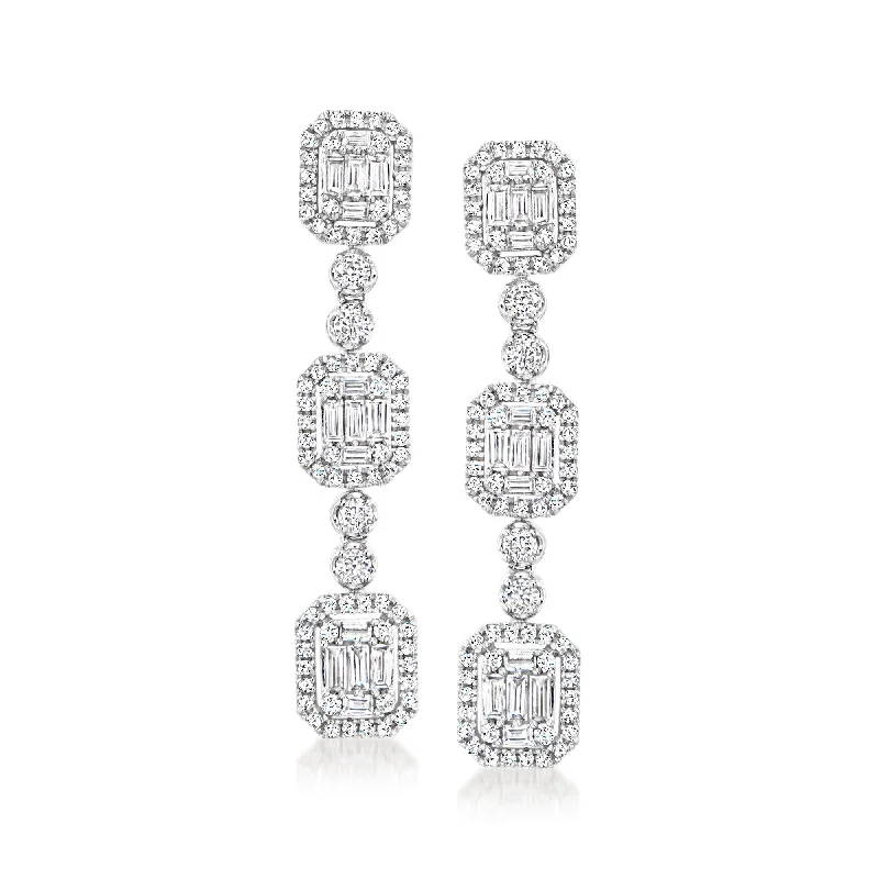 Drop Earrings for Anniversary -Ross-Simons Diamond Cluster Drop Earrings in 14kt White Gold