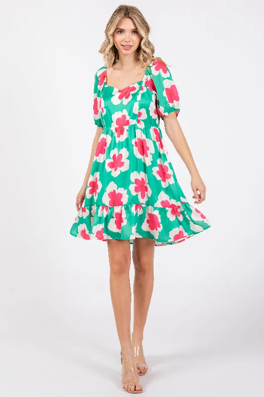 Striped Dresses for Fashionable -Green Floral Ruffle Hem Dress