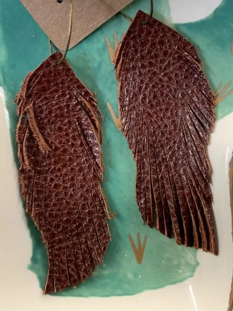 Drop Earrings with Keyhole Designs -Genuine Leather Feather Earrings-Mahogany