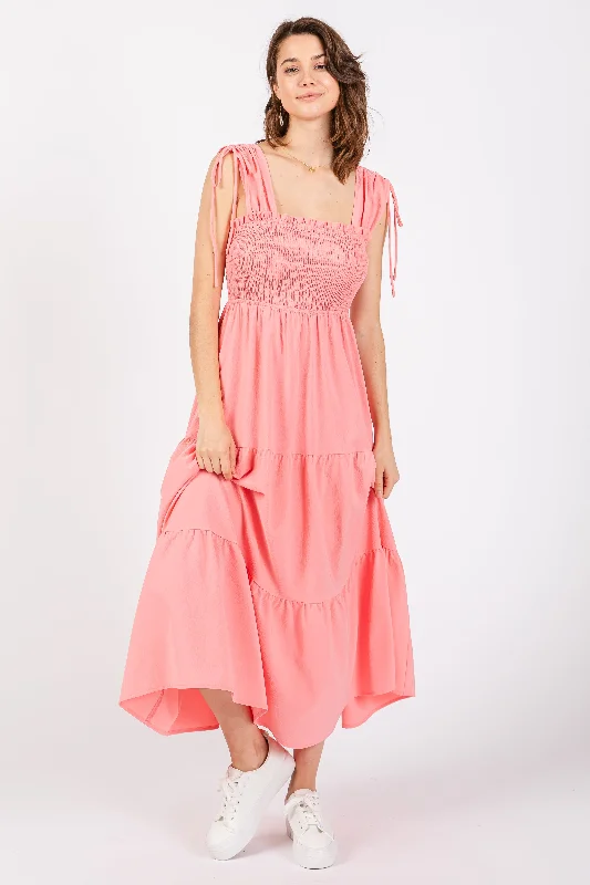 Punk Dresses with Spikes -Coral Smocked Sleeveless Drawstring Shoulder Tiered Midi Dress