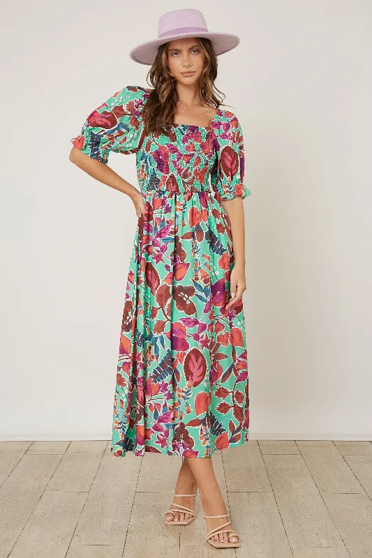 Mother's Day Dresses for Gift -Mint Green Floral Puff Sleeve Maxi Dress