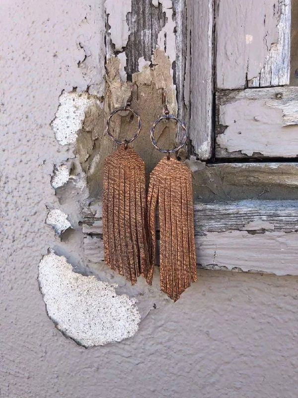 Drop Earrings with Hammered Finish -Metallic Bronze Leather Fringe Earrings