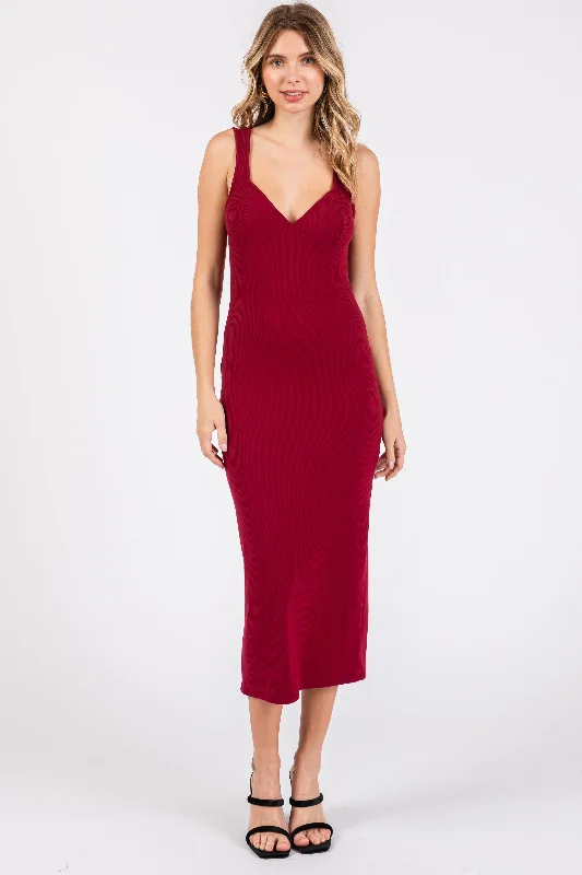 Fashionable Dresses for Style -Burgundy Ribbed Sweetheart Neck Midi Dress