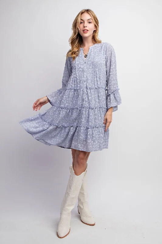 African Dresses with Culture -Dusty Blue Textured Chiffon Button Down Woven Dress