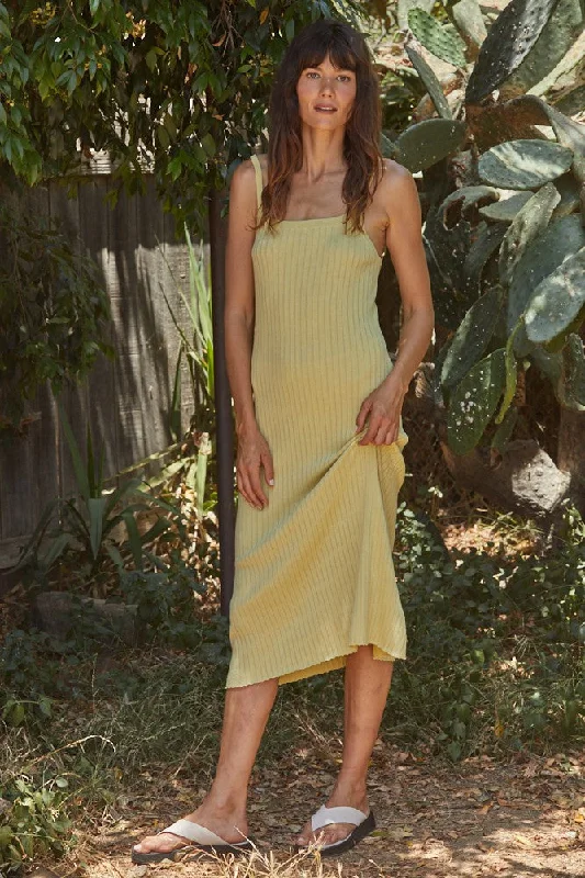 Zippered Dresses for Convenience -Yellow Square Neck Ribbed Sleeveless Midi Dress