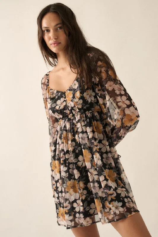 Modern Dresses for Trendy -Black Floral Sweetheart Woven Mini Dress