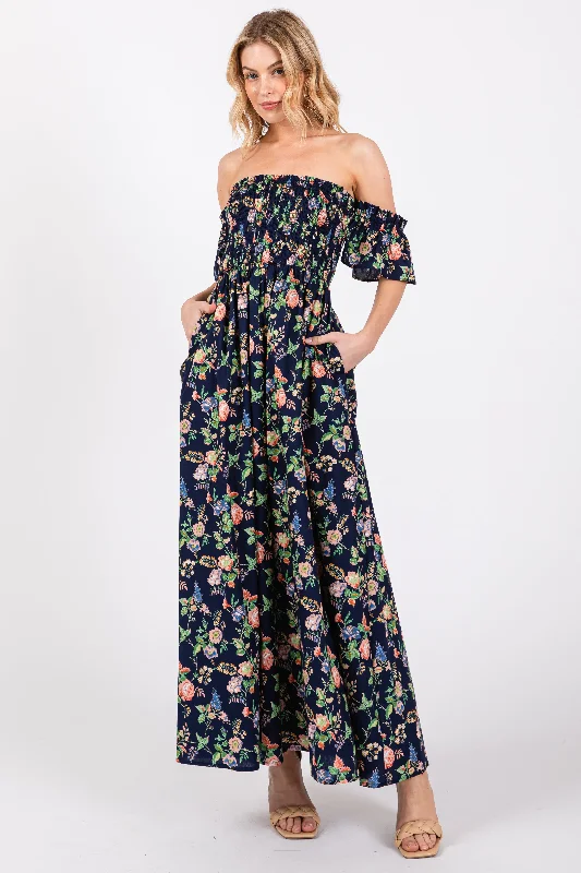 Short-sleeved Dresses for Summer -Navy Blue Floral Off Shoulder Dress