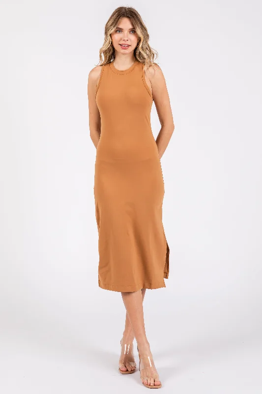 Shift Dresses for Simple Look -Camel Sleeveless Racerback Bodycon Dress