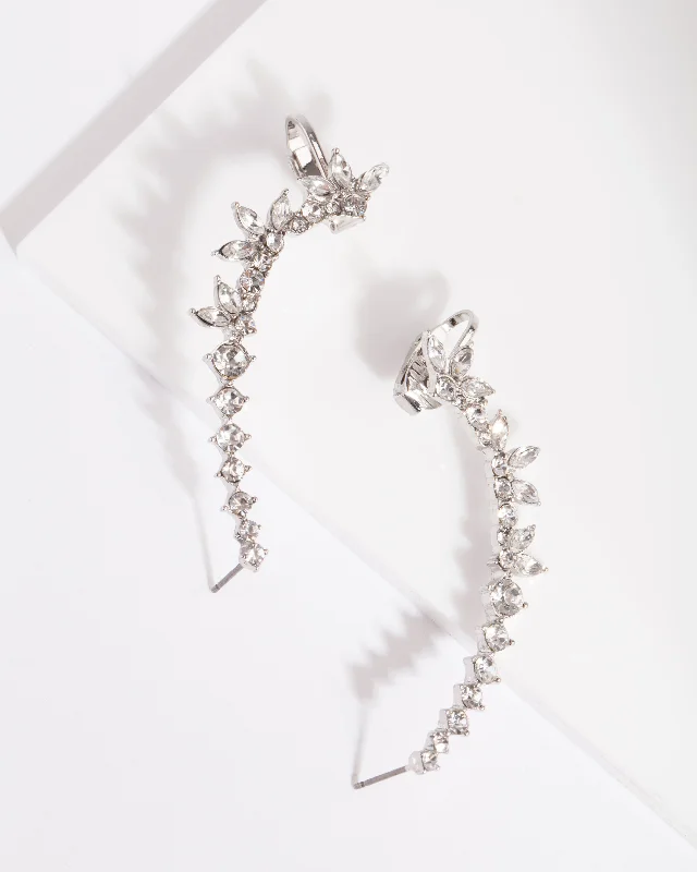 Drop Earrings with Matte Finish -Rhodium Double Diamante Cuff Earrings