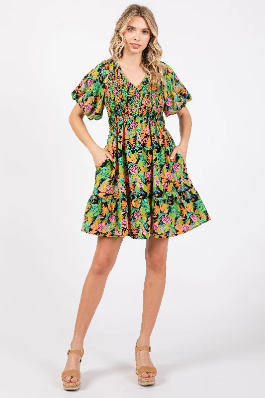 Leather Dresses for Luxury -Green Multi-Color Tropical Print Ruffle Hem Dress