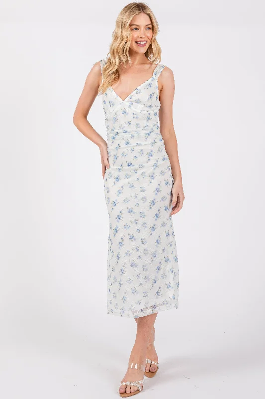 Spandex Dresses for Flexible -Blue Floral V-Neck Sleeveless Midi Dress