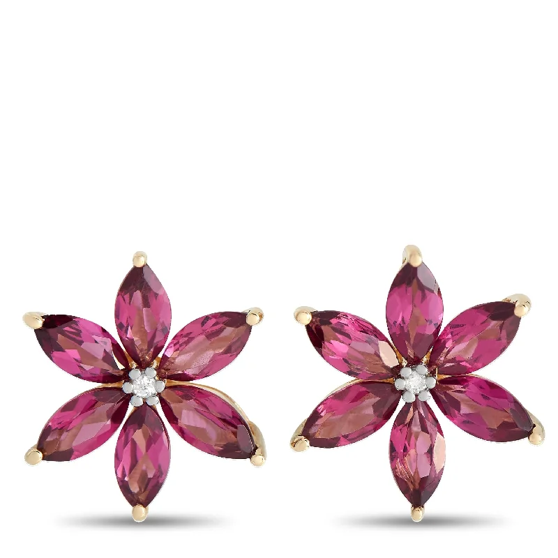 Drop Earrings with Keyhole Designs -Yellow Gold 0.01ct Diamond and Rhodolite Flower Earrings ER4-15657YRHOD