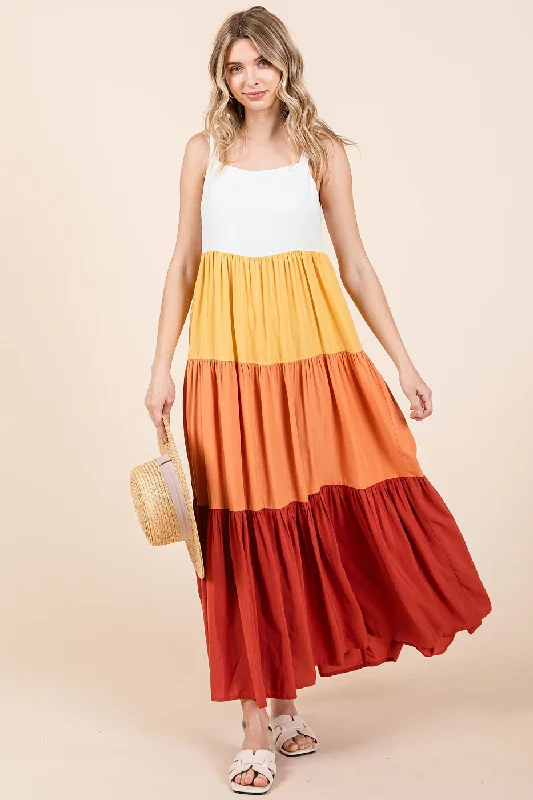 Beaded Dresses for Glamour -Orange Tiered Colorblock Maxi Dress