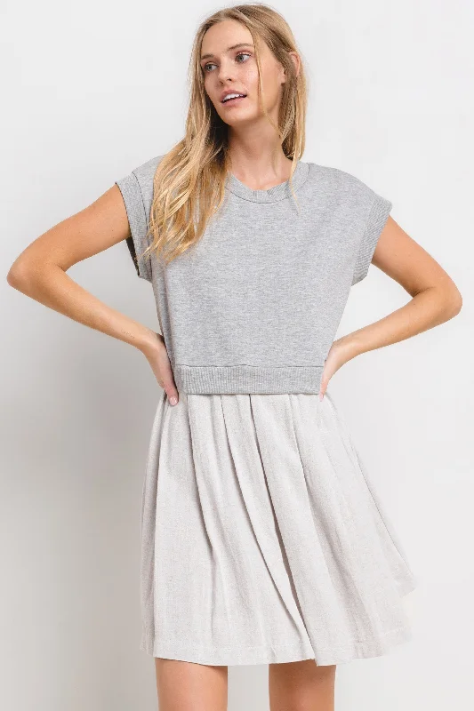 A-line Dresses for Flattering -Grey Contrast Pleated Mini Dress