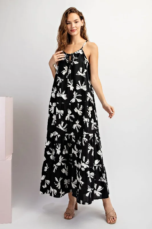 Graduation Dresses for Milestone -Black Bow Print Halter Front Tie Tiered Maxi Dress