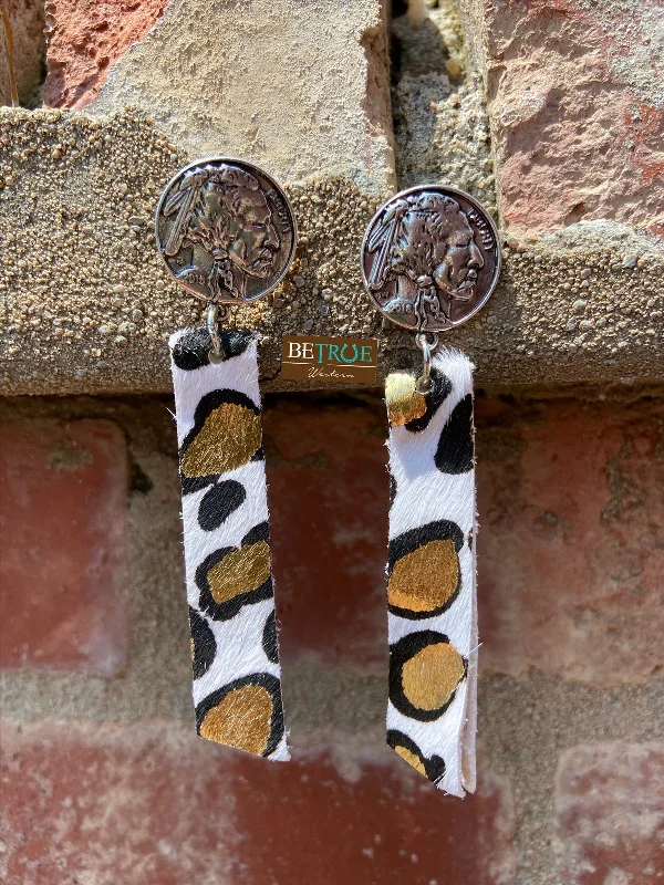 Rhinestone Drop Earrings for Sparkle -Snow Leopard Warrior Leather Earrings