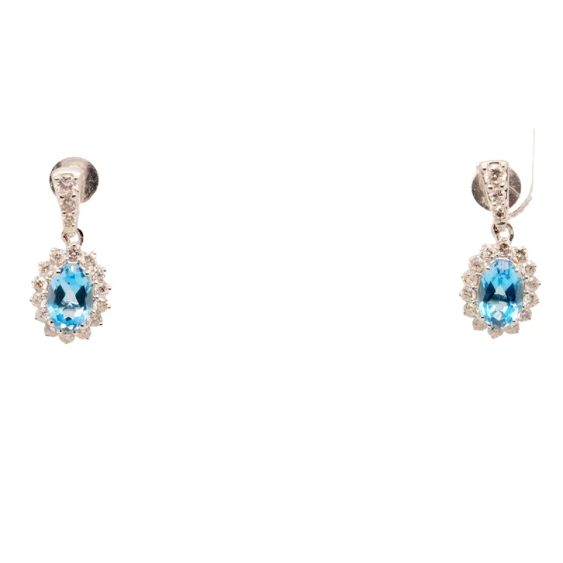 Drop Earrings for Christmas Party -10K White Gold Oval Swiss Blue Topaz With Diamond Halo Dangle Earrings