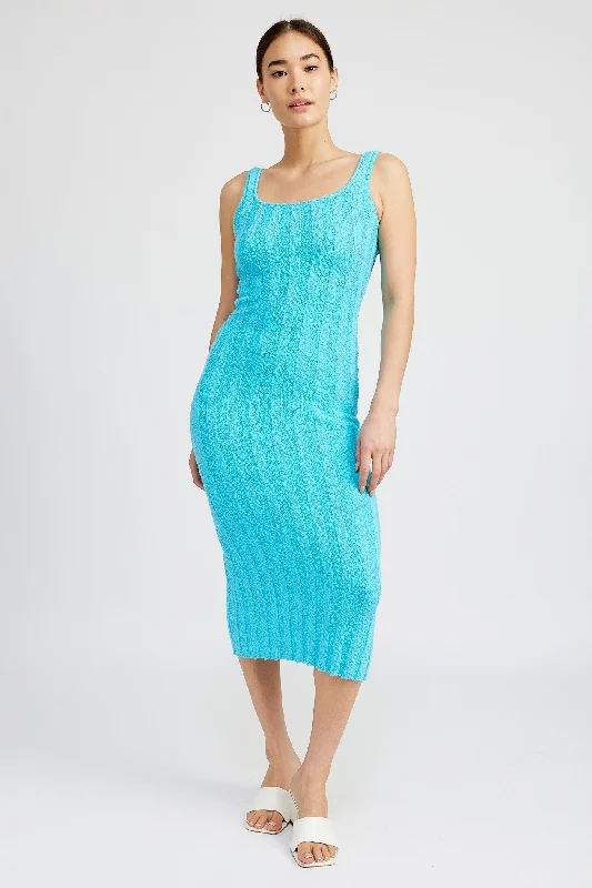 Hippie Dresses with Beads -Aqua Wide Rib Knit Midi Dress