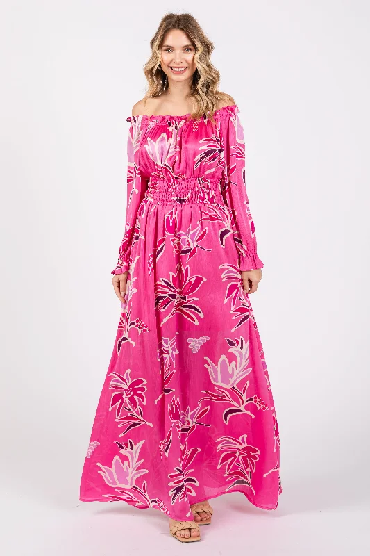 Hippie Dresses with Beads -Fuchsia Floral Ruffle Neck Maxi Dress