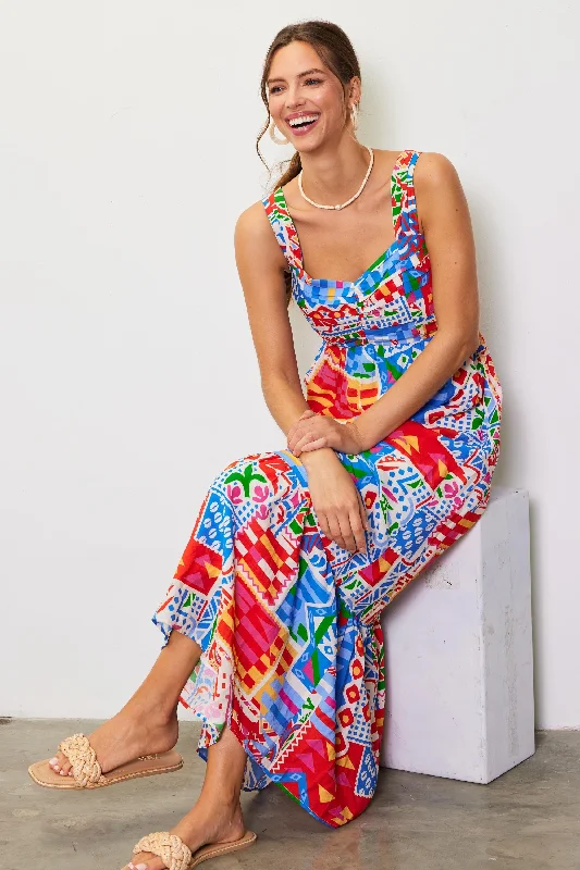 Contemporary Dresses for Fashion -Blue Multi-Color Abstract Print Tiered Maxi Dress