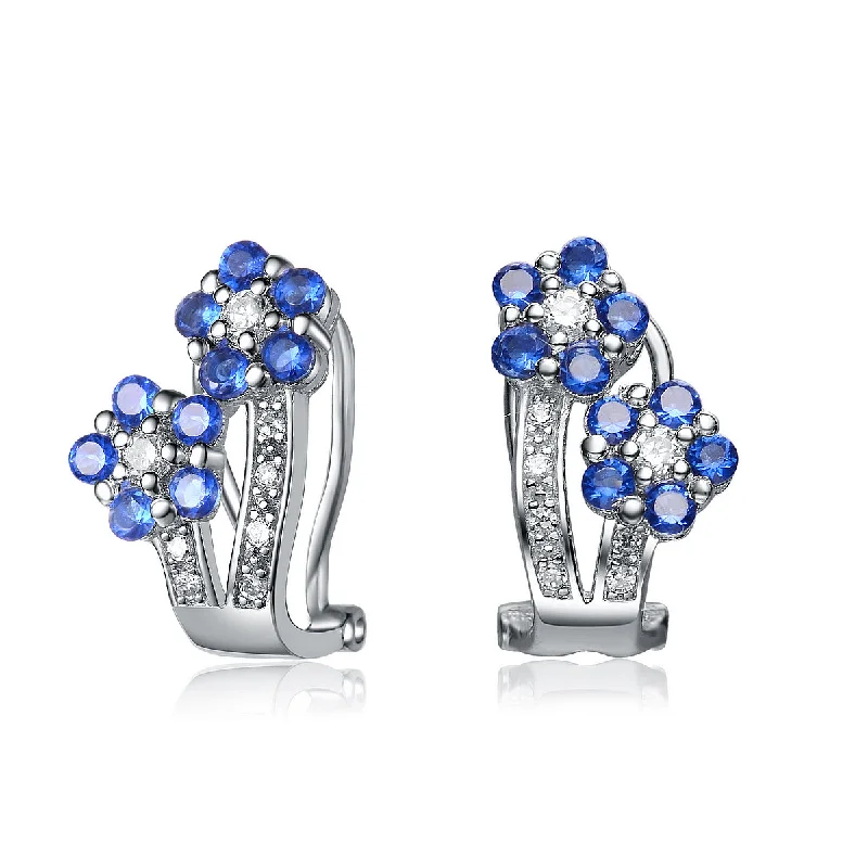 Drop Earrings for Office Wear -GENEVIVE Sterling Silver Sapphire Cubic Zirconia Flower Shape Earrings