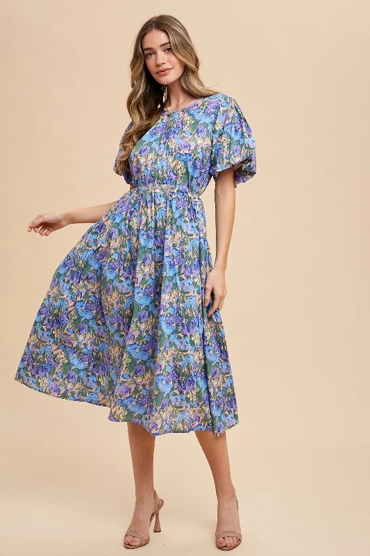 Mini Dresses for Youthful Look -Blue Multi Floral Printed Crew Neck Puff Sleeve Midi Dress