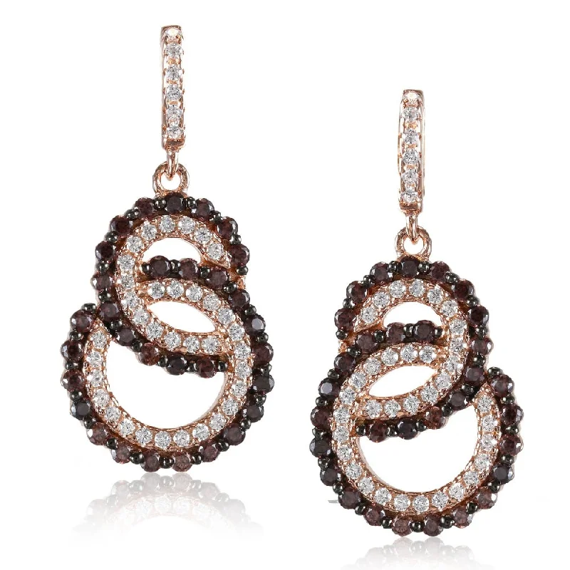 Drop Earrings with Filigree Work -Suzy Levian Rose Sterling Silver Brown Cubic Zirconia Interlocked Double Loop Earrings