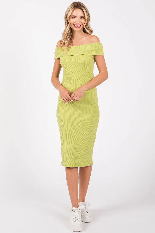 Wrap Dresses for Adjustable -Lime Ribbed Knit Off Shoulder Midi Dress