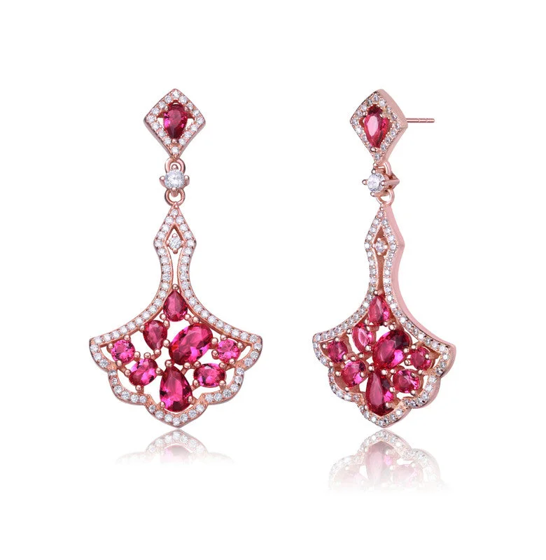 Drop Earrings for Festival Style -Sterling Silver 18k Rose Gold Plated with ruby Red Cubic Zirconia Accent Dangle Earrings